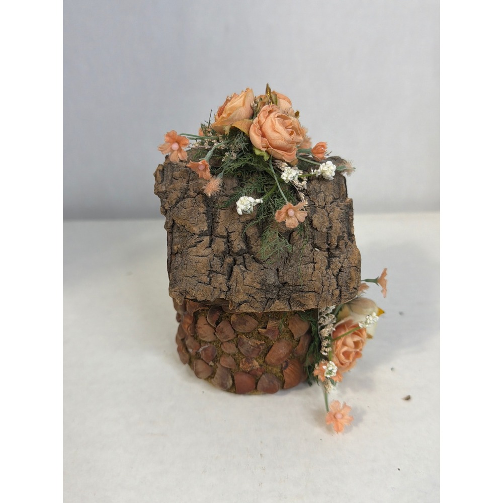 Rustic Bark and Nut Shell Birdhouse Ornament Peach Floral Accents - Picture 4 of 10